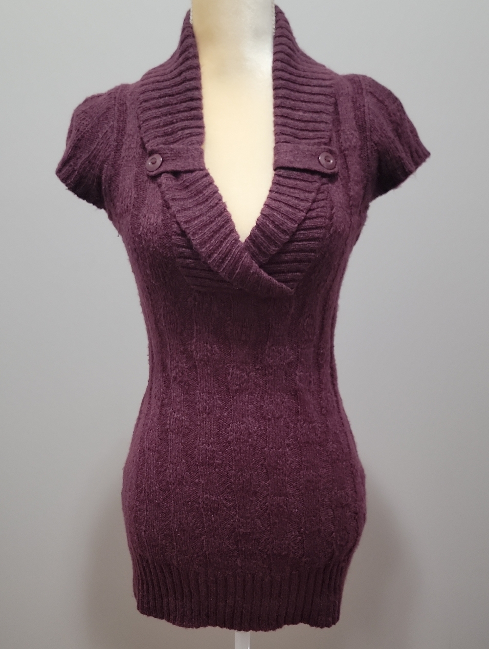 Maurices Short-Sleeve Shawl Collar W/tabs Tunic Sweater Burgundy Sz S